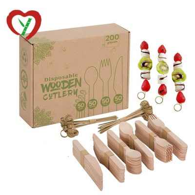 Composable Wooden Disposable Cutlery 200 pc set: 100 Forks, 50 Spoons, 50 Knives