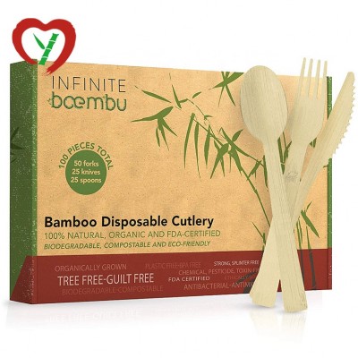 Disposable Bamboo Cutlery Set 100pc Unit 50 forks, 25 spoons, 25 knives with BOX