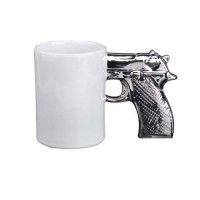 OEM white creative gift ceramic mug with gun shape handle for coffee or tea