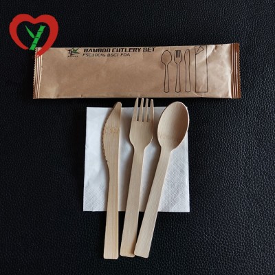 Disposable Bamboo Cutlery Set Knife Spoon Fork with Napkin for Restaurant